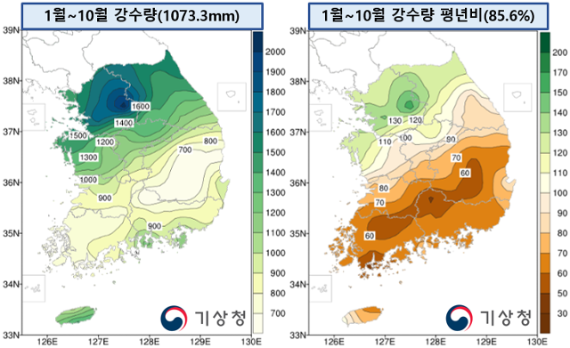 1~10월 누적 강수량 및 평년비. 기상청 제공