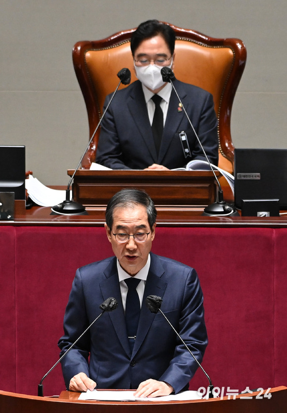 한덕수 국무총리가 7일 오전 서울 여의도 국회에서 열린 예산결산특별위원회 전체회의에서 발언하고 있다. [사진=김성진 기자]