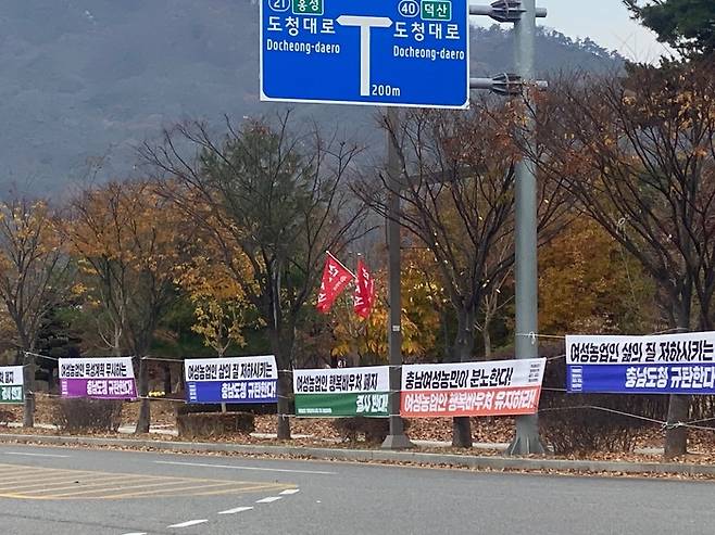 충남 지역에 걸려 있는 ‘여성농업인 행복바우처 폐지’를 반대하는 내용을 담은 현수막 모습. 여성농업인 행복바우처 폐지 저지 충남대책위원회 제공