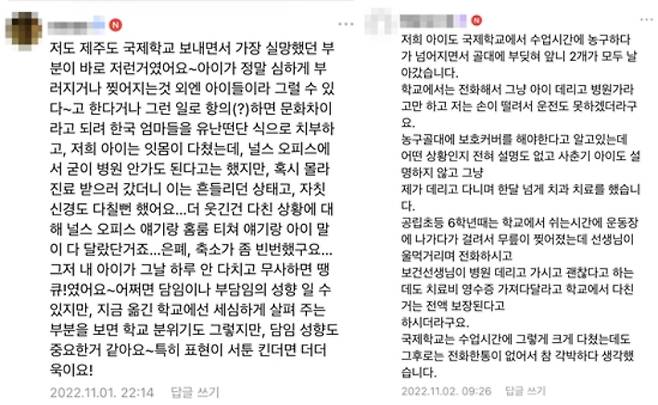 제주 국제학교 안전사고 관련 글들. 인터넷 카페 캡처