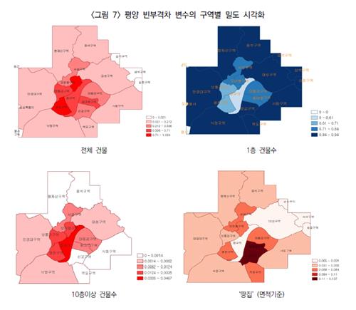 평양 빈부격차 변수의 구역별 밀도 시각화 [숭실평화통일연구원 북한도시연구단 '평양 모자이크: 위성사진과 GIS를 활용한 평양 구역별 빈부격차 연구' 발표문 캡처]