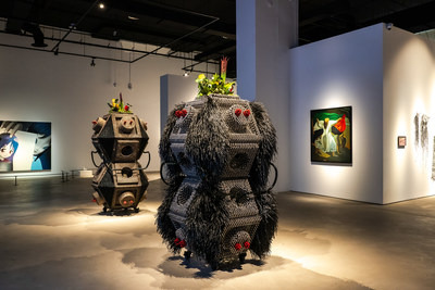 Installation view of Haegue Yang's The Hybrid Intermediates - Flourishing Electrophorus Duo (The Sonic Intermediate - Hairy Carbonous Dweller and The Randing Intermediate - Furless Uncolored Dweller) (2022) at Singapore Art Museum at Tanjong Pagar Distripark. Image courtesy of Singapore Art Museum. (PRNewsfoto/Singapore Art Museum (SAM))