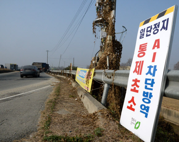 - 고병원성 조류 인플루엔자(AI) H5N1형 의심축이 발생한 충북 청주시 청원구 북이면에 10일 오전출입금지 입간판이 설치돼 있다. H5형 조류인플루엔자 항원이 검출된 북이면 한 육용오리 농장은 지난 3일 고병원성 조류인플루엔자가 발생한 청원구 오창읍 오리농장에서 2.5㎞ 떨어진 보호지역 안에 있는 것으로 확인됐다. 방역당국은 초동방역반을 긴급 투입하고, 사육 중인 오리 2만2000마리를 이동식 열처리 방식으로 살처분했다. 이 농장에 대한 고병원성 확진 여부는 1~3일 뒤 나올 예정이다. 2022.11.10. 뉴시스