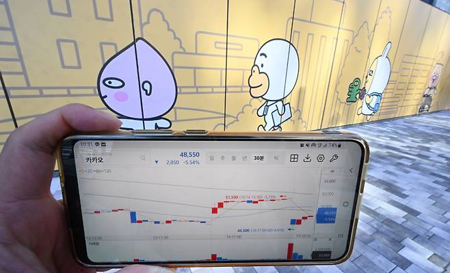 데이터센터 화재로 카카오 서비스가 중단되는 사태가 발생하며, 지난달 17일 카카오 주가가 4만원대 최저치까지 추락했다. 임세준 기자