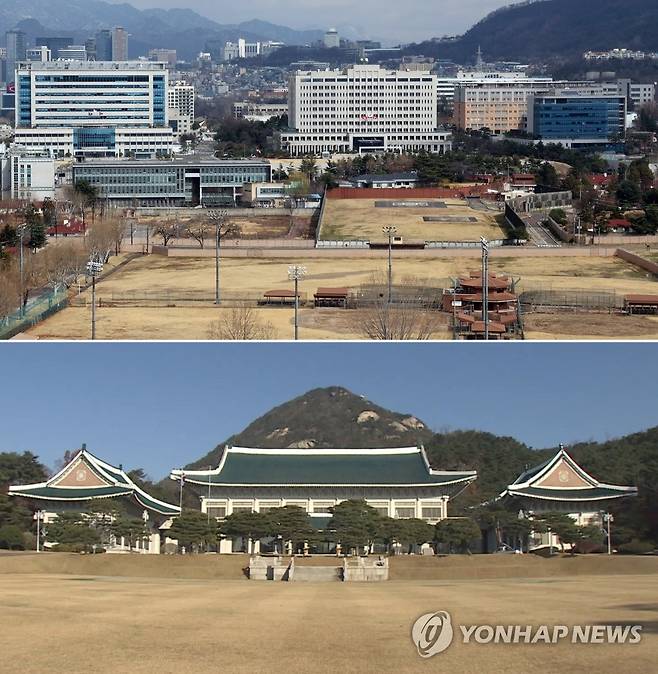대통령 집무실은 용산, 청와대는 공원으로 (서울=연합뉴스) 윤석열 대통령 당선인이 20일 대통령실의 용산 이전을 공식화하면서 70년 넘게 권력의 정점 바로 옆에서 그 명멸을 지켜봐 온 청와대도 역사 속으로 사라지게 됐다.
그동안의 대통령의 권위를 상징하는 건물이었던 청와대를 이제는 자유롭게 사용할 수 있는 공원으로 바꿔 시민들의 품으로 돌려주겠다는 것이 윤 당선인의 구상이다. 사진은 20일 대통령 집무실로 사용될 용산 국방부 청사(윗 사진) 모습과 청와대 자료 사진. 2022.3.20 photo@yna.co.kr