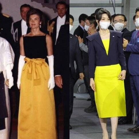 지난 7월 28일 울산 현대중공업에서 열린 정조대왕함 진수식에 참석한 김건희 여사(오른쪽 사진)의 의상과 비슷하다고 올려진 재클린 케네디 여사 의상. 사진 온라인커뮤니티 캡처, 연합뉴스