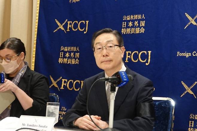 세계평화통일가정연합(옛 통일교회)의 다나카 도미히로 일본교회 회장이 지난 8월 10일 도쿄 일본외국특파원협회(FCCJ)에서 기자회견을 하고 있다. 연합뉴스