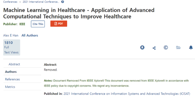IEEE(국제전기전자공학회)가 운영하는 학술지 데이터베이스 사이트 IEEE 엑스플로(Xplore)가 한동훈 법무부 장관 자녀의 논문을 삭제한 것으로 확인됐다. IEEE 엑스플로는 삭제 이유를 '저작권 문제'로 명시했다.