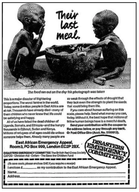 영국 자선단체 재난비상위원회가 1980년대 초 사용한 모금 광고