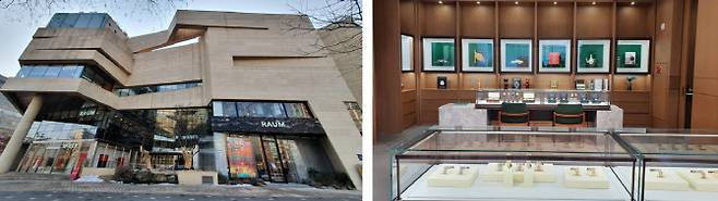 ▲LF 라움워치 부티크 외관(왼쪽)과 내부(오른쪽). (사진=백주아 기자)