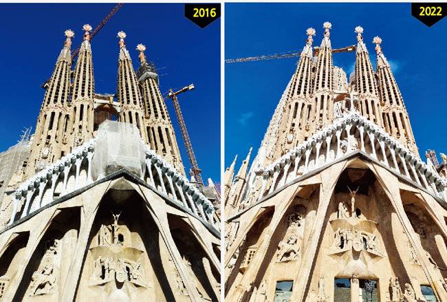 사그라다 파밀리아 성당 동쪽 ‘탄생의 파사드’. 건축가 안토니오 가우디가 만들었다. 2016년(왼쪽)과 2022년 모습. [구희언 기자]