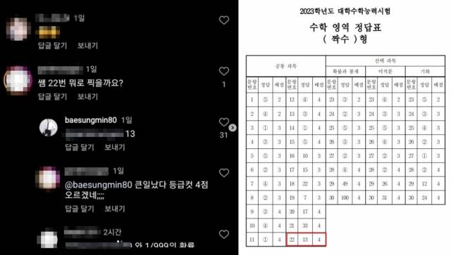좌측은 배성민 대성마이맥 강사가 남긴 인스타그램 댓글 캡처, 우측은 2023년 수학능력시험 수학 영역 정답지, 뉴시스