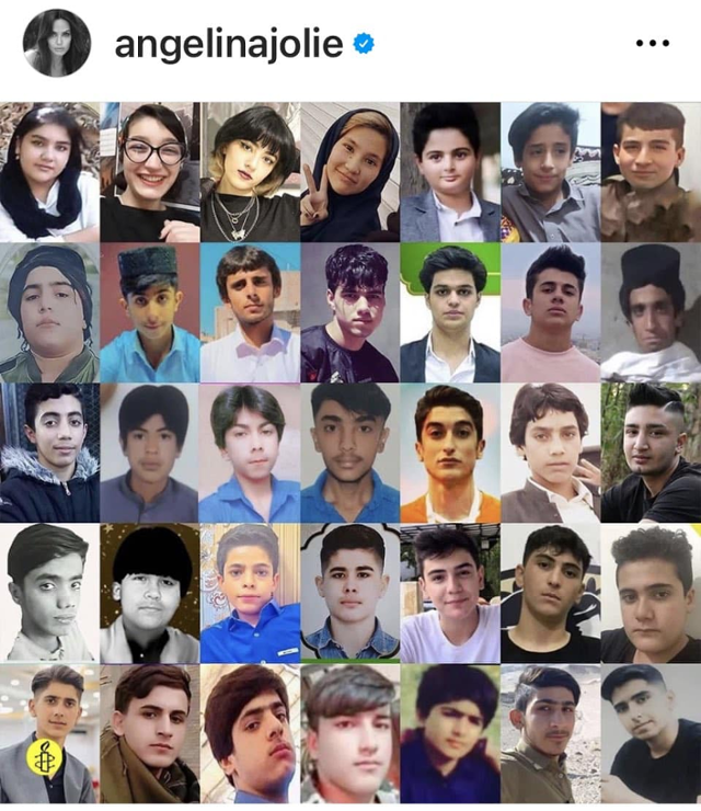 할리우드 스타 앤젤리나 졸리가 자신의 인스타그램에 이란의 반정부 시위로 목숨을 잃은 청소년들의 얼굴 사진을 올렸다. 앤젤리나 졸리 인스타그램 캡처