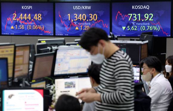 더불어민주당이 증권거래세·양도세 과세 기준 변경을 조건으로 금융투자소득세(금투세) 시행을 2년 유예하자는 ‘금투세 절충안’을 제시했지만 정부는 조건 없는 유예 방침을 20일에도 고수했다. 1년 전 3000대였던 코스피가 지난 18일 종가 2444.48로 떨어지는 등 하락장이 오면서 신설세에 대한 투자자 반발이 커지고 있다. 사진은 18일 서울 중구 하나은행 딜링룸 전경.연합뉴스