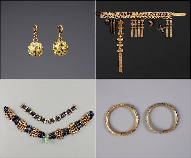 주요 전시품 왼쪽 상단부터 시계 방향으로 금방울, 금 허리띠, 금반지, 금 가슴걸이 [국립경주박물관 제공. 재판매 및 DB 금지]