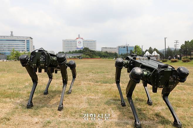 대통령 집무실 인근의 용산공원 시범 개방 첫날인 지난 6월 10일 서울 용산공원에서 경비로봇이 움직이고 있다. 한수빈 기자