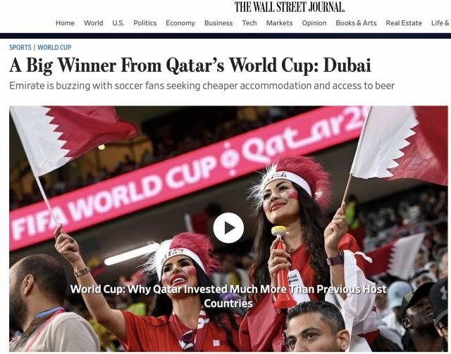 월스트리트저널(WSJ)는 22일(현지시간) ‘카타르 월드컵 최고의 승자는 두바이’라는 제목의 기사를 통해 두바이가 월드컵 특수를 누리고 있는 이유를 조명했다. 월스트리트저널 홈페이지 캡처