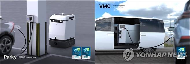 전기차 충전 솔루션 개발 기업인 '에바'의 파키(왼쪽)와 VMC [제주국제자유도시개발센터 제공. 재판매 및 DB 금지]