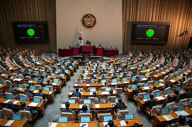 24일 오후 서울 여의도 국회에서 열린 제400회 국회(정기회) 제13차 본회의에서 용산 이태원 참사 진상규명과 재발방지를 위한 국정조사 계획서 승인의 건이 통과되고 있다.    뉴스1