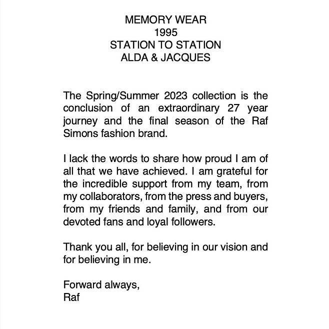 패션브랜드 라프 시몬스의 마지막을 알리는 게시글 @Rafsimons