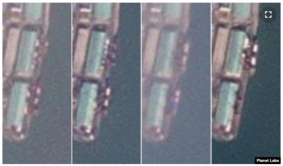 북한 남포 인근 항구에서 발견된 선박. 왼쪽부터 이달 19일과 17일, 12일, 6일 모습. 플래닛랩스(Planet Labs), 미국의 소리(VOA) 캡쳐.