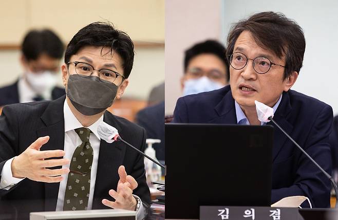 한동훈 법무부장관(왼쪽)과 김의겸 더불어민주당 의원. /뉴스1