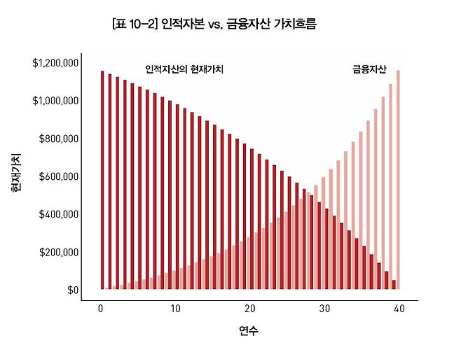 시간에 따라 인적 자산의 가치와 금융 자산의 가치의 상반된 변화를 추적한 그래프.