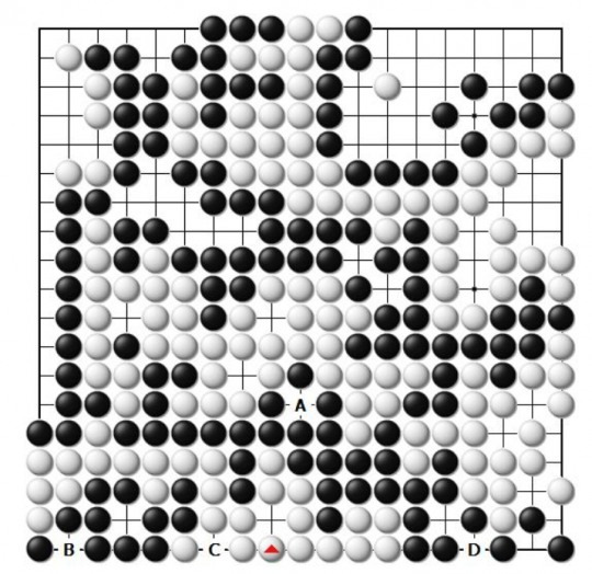 A, B, C, D 4개의 패가 걸리면서 최종 무승부 판정이 난 강동윤 9단(흑)과 튀자시 9단의 최종 대국 모습