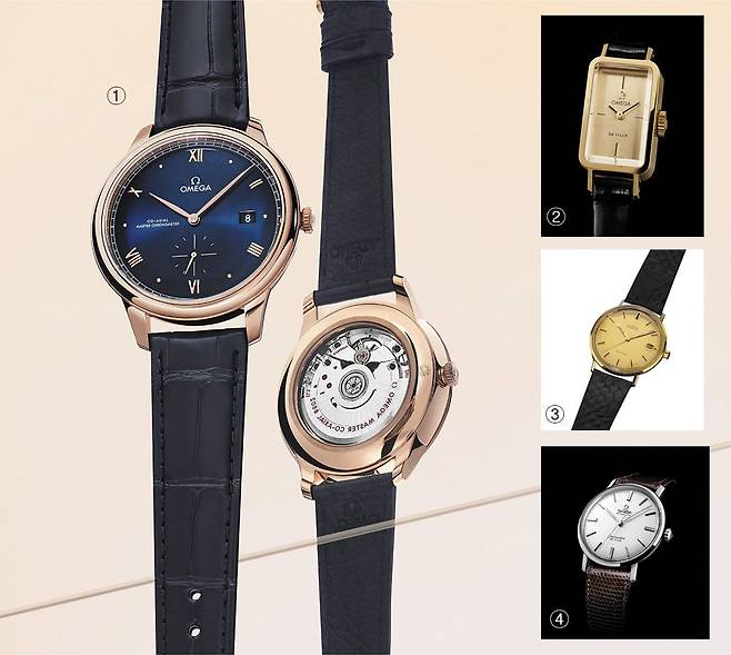 ①드 빌 프레스티지 41mm 스몰 세컨즈. 코-액시얼 마스터 크로노미터 모델에는 더욱심플해진 디자인의 18K 세드나™ 골드 케이스에 돔형 PVD 블루 다이얼이 태양광 패턴으로 마감돼 있다. ②1962년 씨마스터 드 빌(Seamaster De Ville). 새로 제작된 모노코크(monocoque·일체화된 것으로 한 개의 피스로 만들어져 상단의 베젤을 제거해야만 열 수 있다) 케이스 디자인으로 방수성을 확보했다. ③1967년 드 빌 컬렉션. 큰 성공이후 ‘씨마스터 드 빌’에서 완전히 독립해 씨마스터, 스피드마스터, 컨스틸레이션과 함께 대표적인 대열에 합류했다. ④1994년 처음으로 세계적인 시계주얼리 박람회인 바젤 월드에서 소개된 드 빌 프레스티지 컬렉션. 클래식 라인으로의 면모를 보였다./오메가 제공