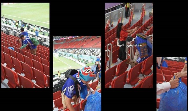 카타르월드컵 경기 종료 직후 경기장을 정리, 정돈한 일본인 팬들의 모습