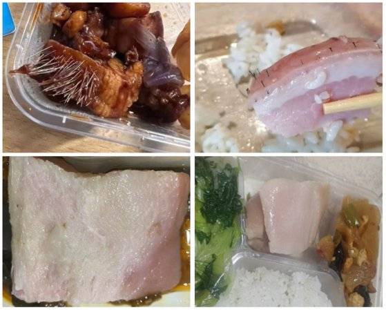 상하이 퉁지대 학생들이 올린 도시락 속 돼지고기의 상태는 최악에 가까웠다. 제대로 익지 않은 것은 물론이고 살코기가 실종된 비곗덩어리에는 굵은 털이 수북했다. [중국 웨이보 캡처]