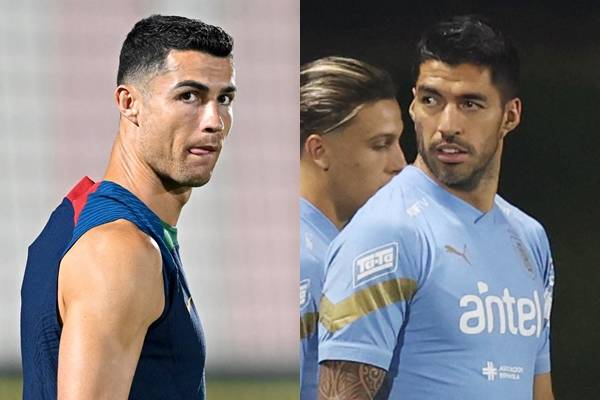 포르투갈 축구대표팀 공격수 크리스티아누 호날두(왼쪽 사진)가 27일(현지시간) 카타르 알샤하니아 SC 훈련장에서 팀 훈련 중 어딘가를 바라보고 있다. 오른쪽 사진은 지난 22일 카타르 알에르살 훈련장에서 우루과이 대표팀 동료들과 함께 이동하는 공격수 루이스 수아레스. AFP·로이터연합뉴스