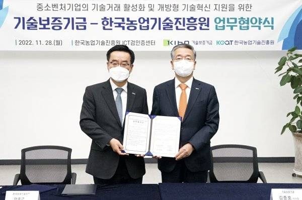 기술보증기금이 28일 한국농업기술진흥원과 농진원 본원에서 ‘중소벤처기업의 기술거래 활성화·개방형 기술혁신 지원을 위한 업무협약’을
 체결한 가운데 김종호 이사장(오른쪽)이 안호근 한국농업기술진흥원 원장(왼쪽)과 기념 촬영을 하고 있다. 사진제공｜기술보증기금