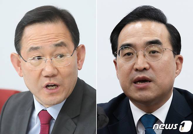 주호영 국민의힘 원내대표(왼쪽)와 박홍근 더불어민주당 원내대표가 30일 오후 서울 여의도 국회에서 각각 기자회견을 하고 있다. 2022.11.30/뉴스1 ⓒ News1 이재명 기자