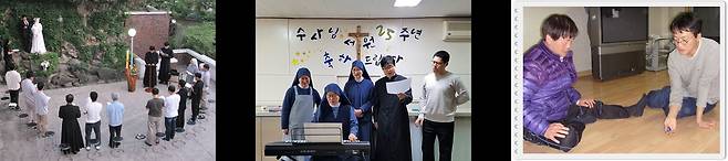 성바오로수도회의 활동. 왼쪽부터 '성모의 밤' 행사, 서원축하식, 휴게실에서 공기놀이하는 수사들. 성바오로수도회는 여성 수도회인 성바오로딸수도회와 설립자가 같고, 바로 이웃에 위치해 함께 활동하는 프로젝트도 다양하다. /안성철 신부 제공