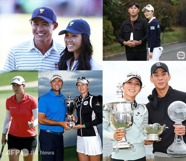 (상단우측부터 시계방향) 미국프로골프(PGA) 투어 멤버 김시우와 한국여자프로골프(KLPGA) 투어 선수 오지현 프로(사진제공=KLPGA) 미국여자프로골프(LPGA) 투어 멤버 리디아 고와 약혼자 정태영 현대카드 부회장의 아들 정준(27) 씨. LPGA 투어 카롤리네 마손과 커플인 넬리 코다의 캐디 제이슨 맥디드. PGA 투어 멤버 콜린 모리카와와 결혼한 캐서린 주(사진제공=ⓒAFPBBNews = News1)