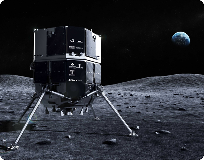 일본 민간기업 아이스페이스가 개발한 달 착륙선이 월면에 내린 상상도. 달 착륙선은 1일(미국시간) 스페이스X의 발사체에 실려 지구를 떠날 예정이었지만 발사 일정이 연기됐다. 아이스페이스 제공
