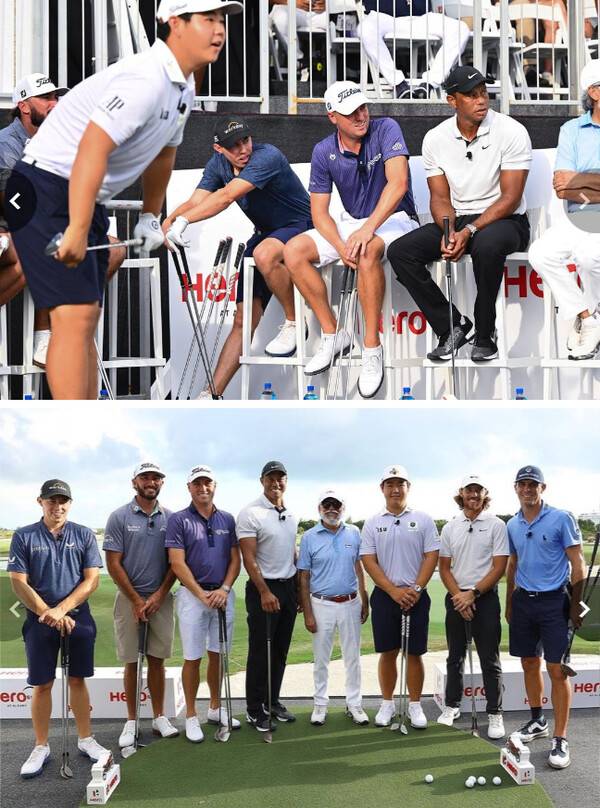 타이거 우즈가 호스트로 나서는 2022년 미국프로골프(PGA) 투어 이벤트 대회인 '히어로 월드 챌린지'에 출전한 김주형 프로와 PGA 투어 간판 스타들. 사진은 대회 개막 전 이벤트 때 모습이다. 사진출처=김주형의 인스타그램