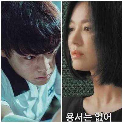 시리즈 '약한영웅 클래스1'에서 고2 시은(박지훈·왼쪽)은 집단 괴롭힘에서 자신을 지키기 위해 폭력을 쓴다. 그의 무기는 볼펜. 넷플릭스 새 시리즈 '더 글로리'에서 학교 폭력을 당해 자퇴한 동은(송혜교)은 선생이 돼 가해자들에게 복수한다. 웨이브 제공, 넷플릭스 티저 영상 캡처