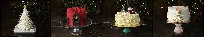 조선팰리스 호텔의 크리스마스 케이크 4종. 왼쪽부터 화이트 트리 스페셜(25만원), 메리 산타하우스(12만원), 화이트 포레스트(8만5000원), 스위트 스노우(9만원)/사진=조선팰리스