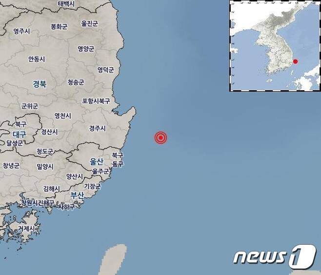 3일 오후 1시22분쯤 울산 북구 동북동쪽 45㎞ 해역에서 발생한 규모 2.9 지진의 위치도. (기상청 제공)