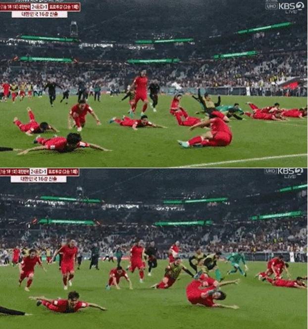 한국 축구대표팀이 3일(한국시간) 카타르 알라얀 에듀케이션 시티 스타디움에서 열린 2022 카타르 월드컵 조별리그 H조 최종전 포르투갈과 경기에서 승리한 뒤 16강을 확정 짓자 슬라이딩 세리머니를 하고 있다. 맨 앞에 대표팀 막내 이강인만 슬라이딩이 아닌 앞구르기를 하고 있다. KBS 화면 캡처