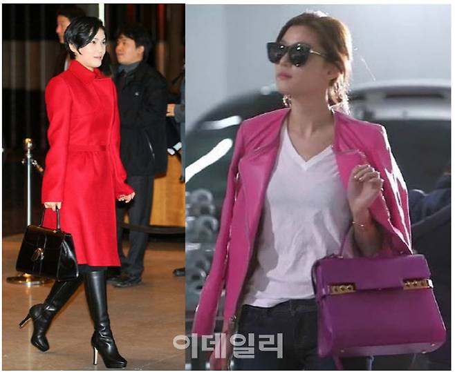 2013년 삼성그룹 시무식에서 델보를 든 이서현 제일모직(현 삼성복지재단 이사장) 사장(왼쪽). 드라마 ‘별에서 온 그대’에서 델보 마담 백을 든 배우 전지현.(사진=연합뉴스, 유튜브 캡처)