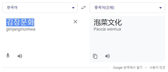 구글 번역기에 '김장문화'를 입력한 결과. 중국의 채소 절임인 '파오차이문화'로 번역했다. IS포토