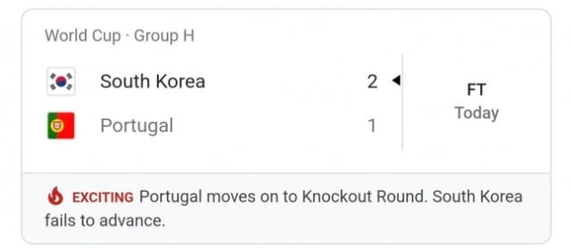 "한국 탈락" 구글 월드컵 페이지의 오보 화면. / 사진=구글