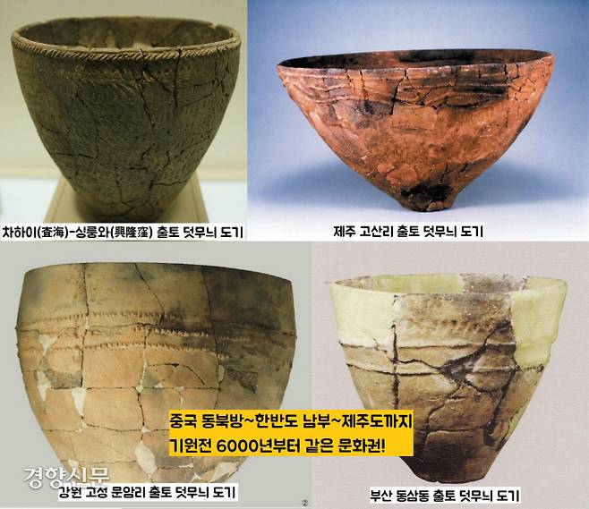 동삼동 패총에서 출토되는 덧무늬(융기문) 도기들은 유적의 첫 조성연대가 기원전 6000~5000년임을 알려준다. 중국 동북방의 ‘차하이(査海)-싱룽와(興隆窪)’와 제주도 고산리, 강원 고성 문암리 출토 덧무늬 도기 등과 같은 시기임이 판명되었다.