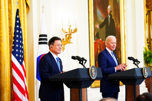 2021년 5월 21일 미국 워싱턴에서 열린 문재인 전 대통령과 조 바이든 미국 대통령의 공동기자회견. 뉴시스