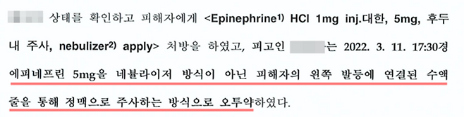 검찰 공소장에 적힌 에피네프린 오투약 과정
