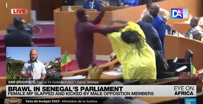 1일(현지시간) 세네갈 의회에서 야당 측 의원이 임신 중인 옌다예 의원의 뺨을 때리고 있다 (프랑스24 보도 화면 갈무리)