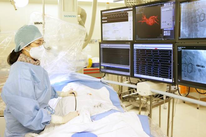 서울아산병원 의료진이 부정맥 환자의 다리혈관을 통해 심박동기 '마이크라'를 심장 우심실에 삽입하고 있다. 서울아산병원 제공